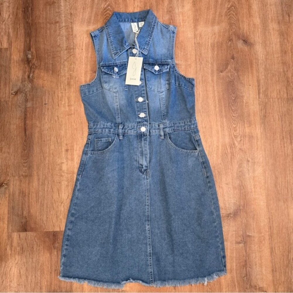 NWT JOIE Denim Collared Sleeveless Button Up Jean Mini Dress Raw Hem Size M